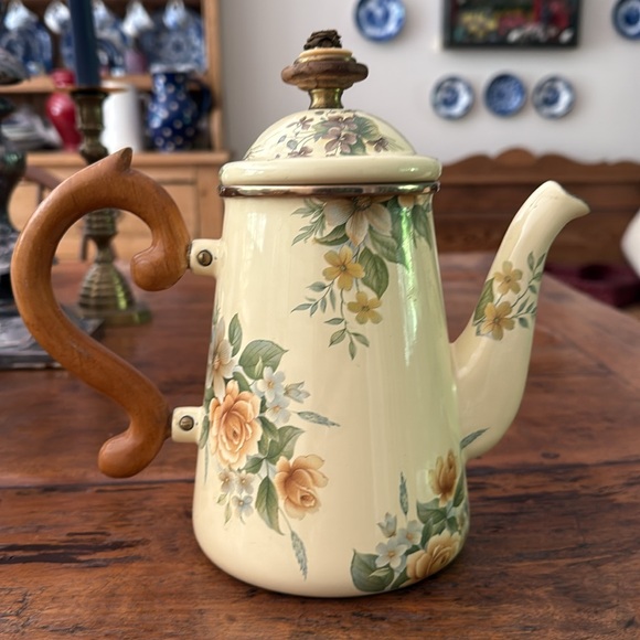 Mackenzie Childs Ltd. Victoria & Richard Yellowish Beige Enamelware Teapot- 1983